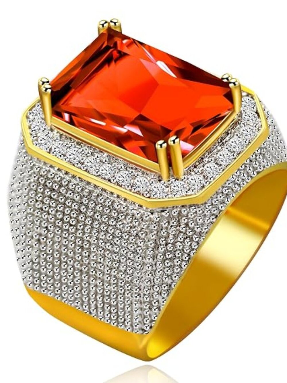 Orange & White Cubic Zirconia Gold over Brass Unisex Ring Size 9 NEW